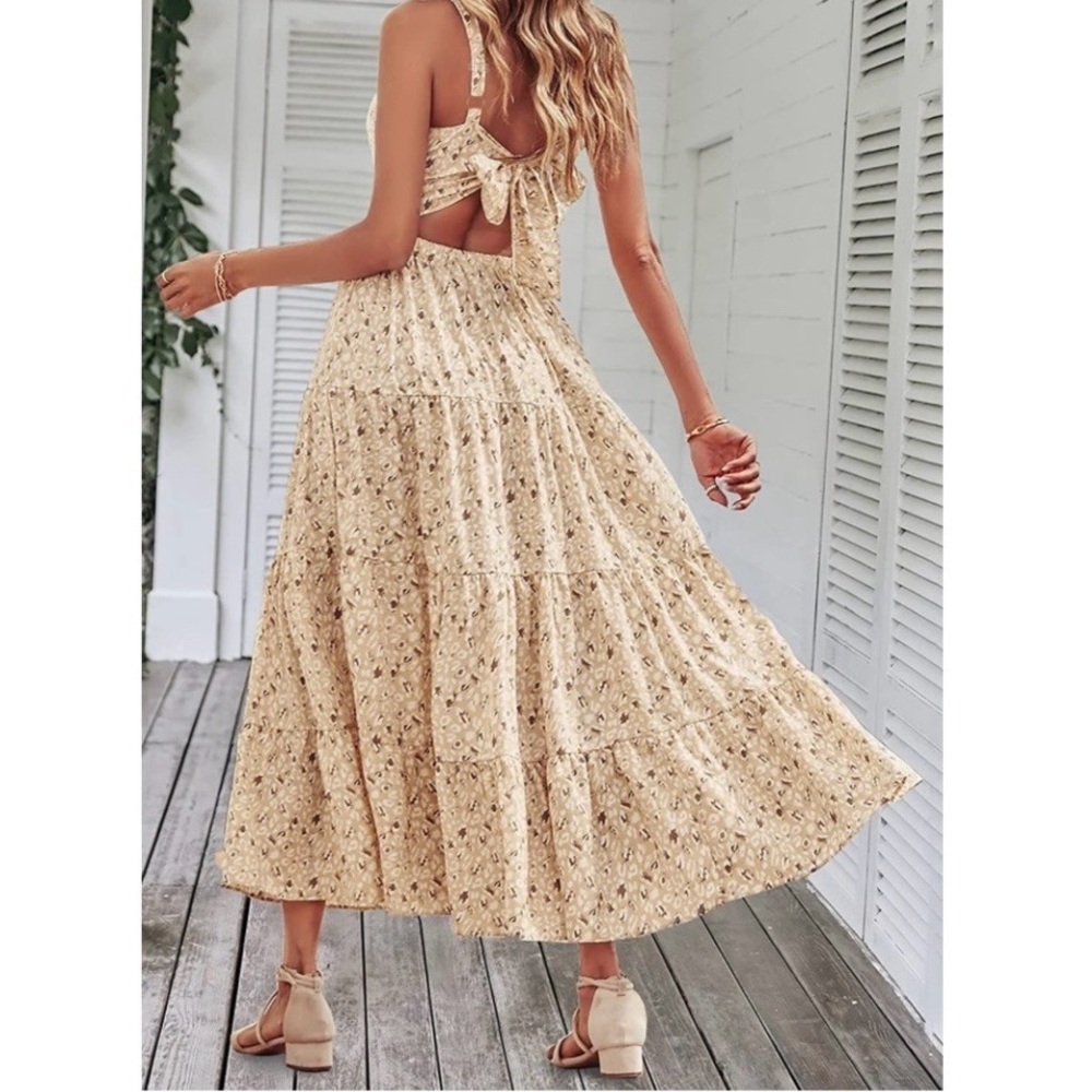 Boho Tie-Back Maxi Dress in Beige Floral NWT